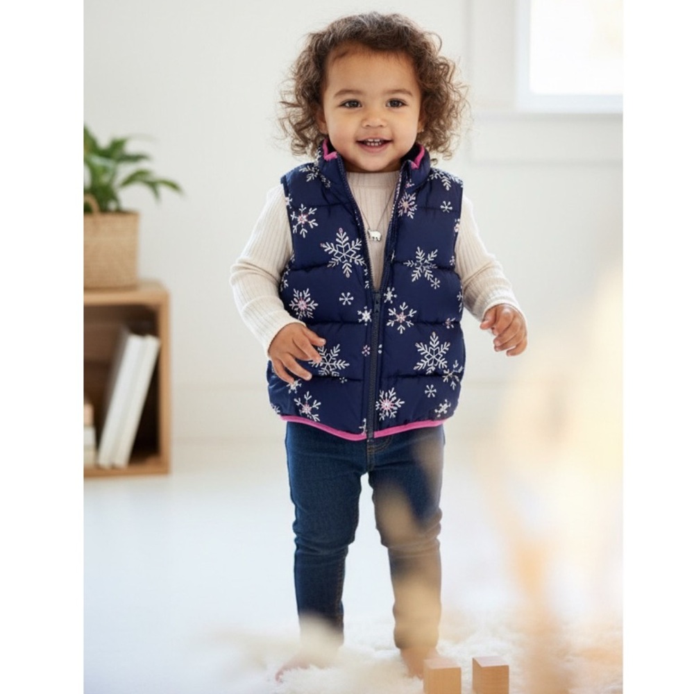 Gymboree Girls Snowflake Puffer Vest | Navy Pink Winter Coat |‎ Size S 6-8